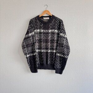 Vintage Charcoal Abstract Grey White Plaid Dad Grandpa Wool Sweater - Large